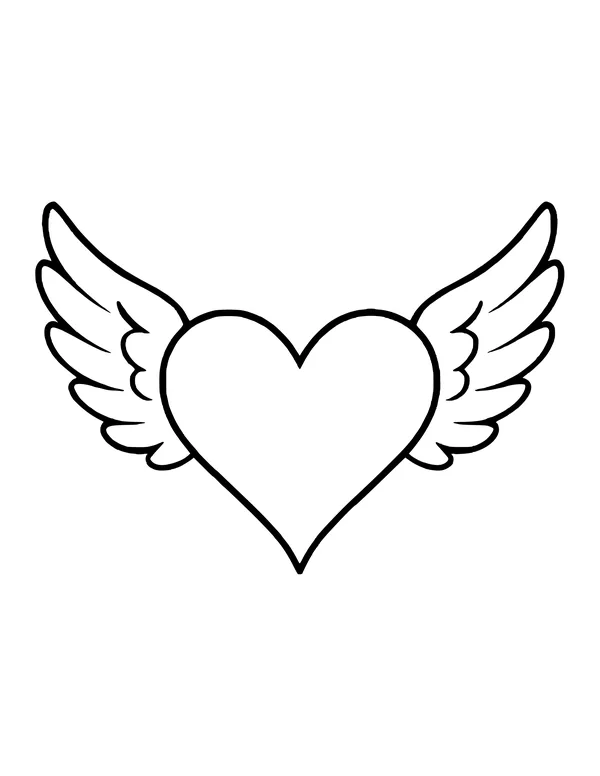 A heart with a pointed tip and tall wings curving upward, each with layered feathers.