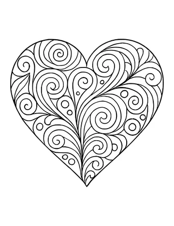 A heart packed with tight spirals, flowing bands and small circles in thin lines.