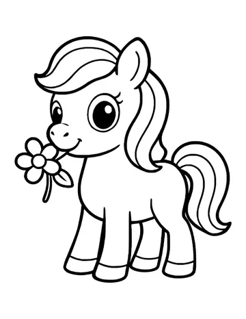 A cute pony in profile with large sparkly eyes, a striped mane and a daisy on a stem in its mouth.