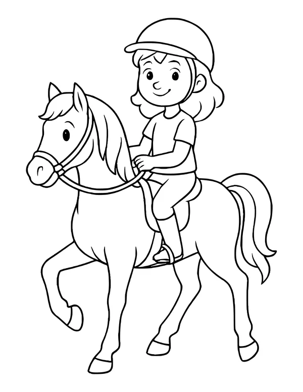 A smiling girl with wavy hair and a riding helmet sits on a horse walking to the left.