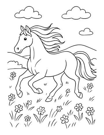 Horse with a flowing mane galloping left through a meadow full of flowers, with clouds and hills