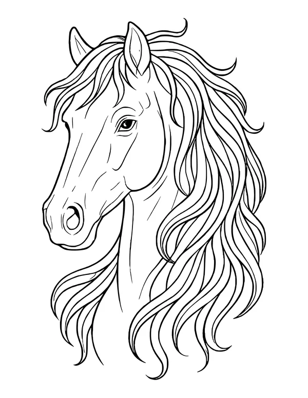 A realistic horse head facing left with a long, wavy mane falling down both sides.