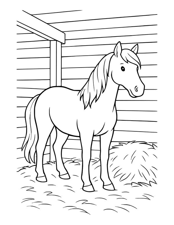 A horse standing inside a wooden barn stall with a pile of hay and straw on the floor.