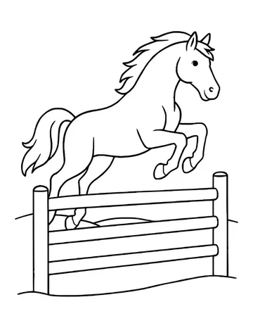A horse in mid-leap over a three-rail wooden fence with rolling ground behind.