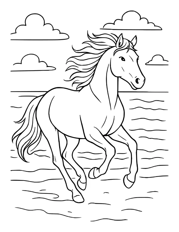 A horse with a windblown mane galloping through shallow waves under a cloudy sky.