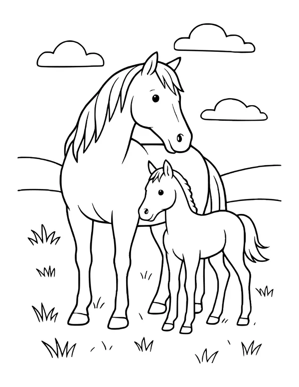 A mother horse standing with her foal close in front, on grass with hills and clouds.