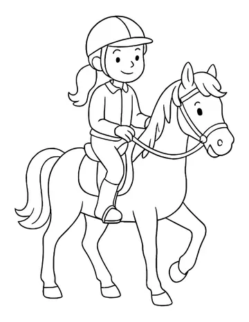 A girl with a ponytail, collared shirt and riding boots on a horse walking to the right.