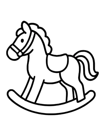 A toy rocking horse with a bridle, saddle, striped tail and a long curved rocker.
