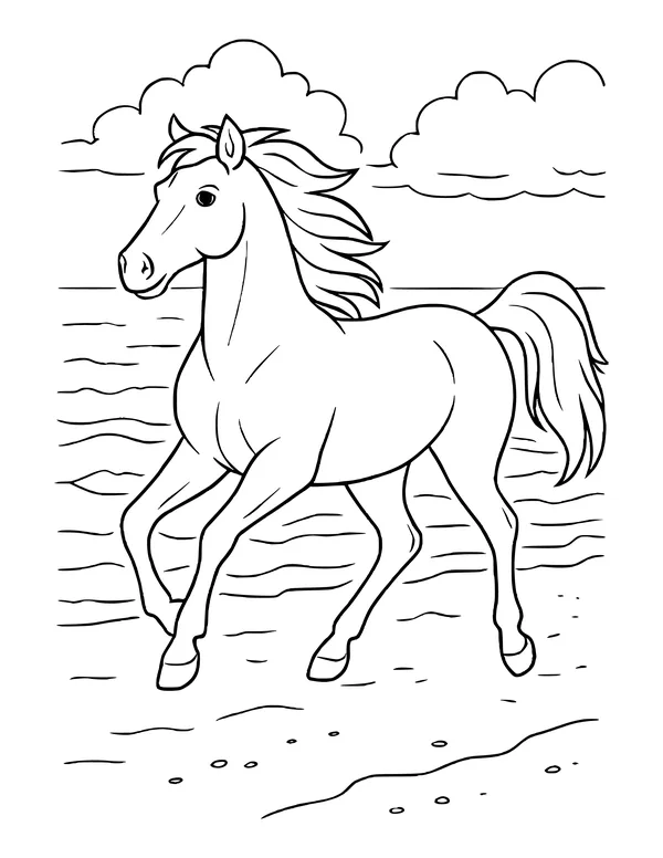 A horse running along a beach with waves, clouds and pebbles on the wet sand.
