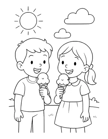 Boy and a girl with a ponytail and dress hold ice cream cones under the sun and clouds.
