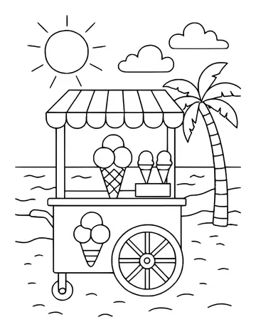 Ice cream cart with an awning and cones on a beach next to a palm tree, sun and clouds.