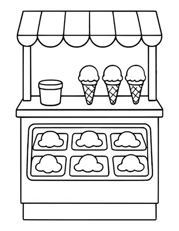 Ice cream stand with an awning, three cones, a tub and a display case of six flavors.