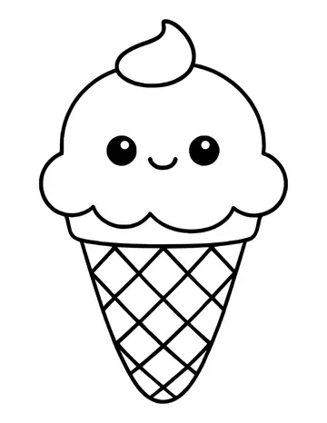 Kawaii ice cream cone with a swirl on top, a smiling face and a waffle cone.