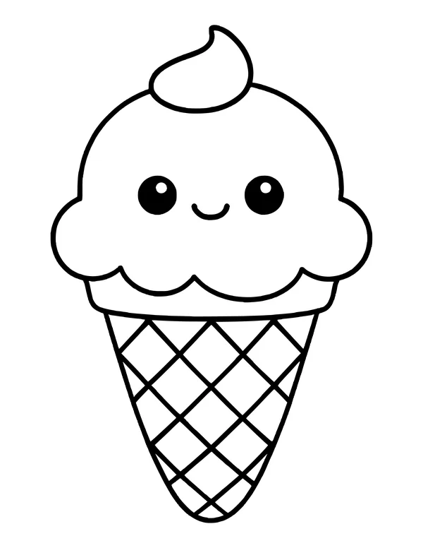 Kawaii ice cream cone with a swirl on top, a smiling face and a waffle cone.