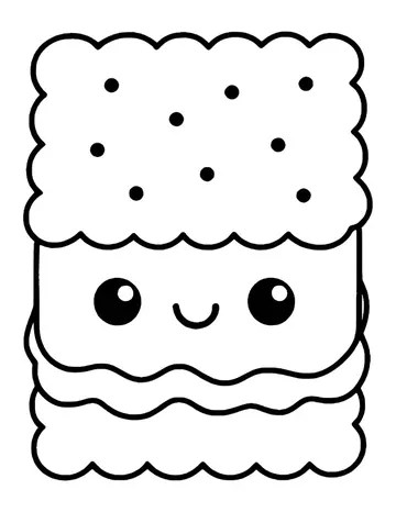 Kawaii ice cream sandwich with scalloped cookies, dots on top and a smiling filling.