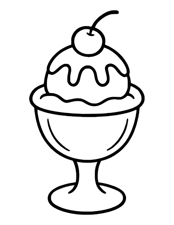 Single ice cream scoop with drippy sauce and a cherry on top in a footed glass.