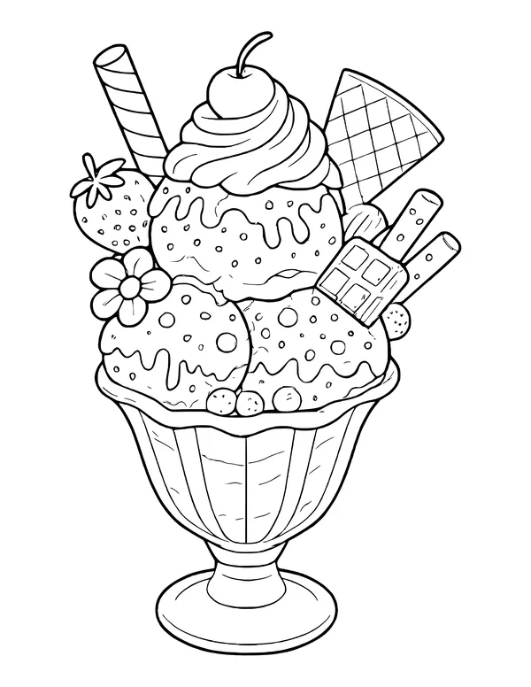 Detailed sundae with sprinkled scoops, whipped cream, cherry, chocolate bar, wafers, strawberry and a flower.