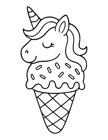Unicorn head in profile with a swirled horn and flowing mane on a sprinkled scoop and waffle cone.