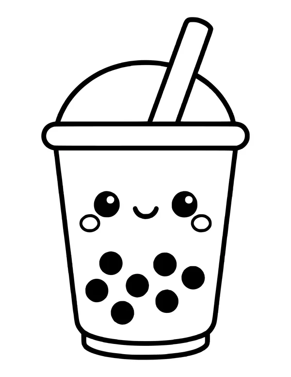 A tall bubble tea cup with a flat lid, a slanted straw, rosy cheeks and a few big pearls.