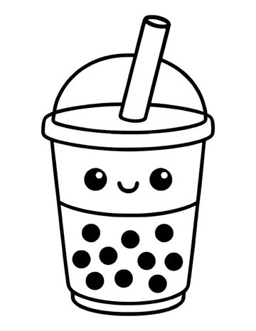 A kawaii bubble tea cup with a domed lid, straw, happy face and many tapioca pearls.