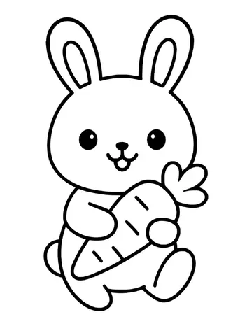 A kawaii bunny with buck teeth stepping forward while carrying a carrot across its body.
