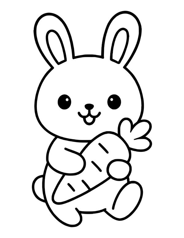 A kawaii bunny with buck teeth stepping forward while carrying a carrot across its body.