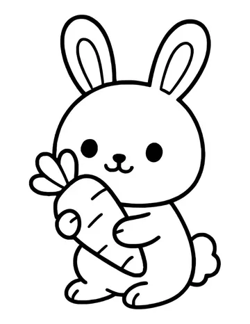 A kawaii bunny sitting and hugging a big carrot close to its chest.