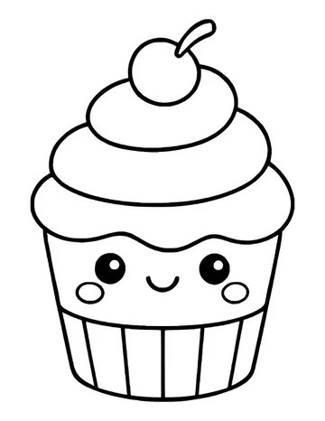 A kawaii cupcake with a smiling face on the cake, a striped wrapper and a cherry with a leaf.