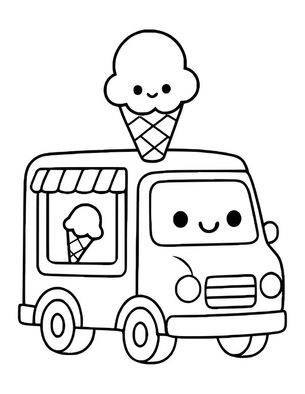 A kawaii truck facing right with a smiling cone on the roof and a cone in the serving window.