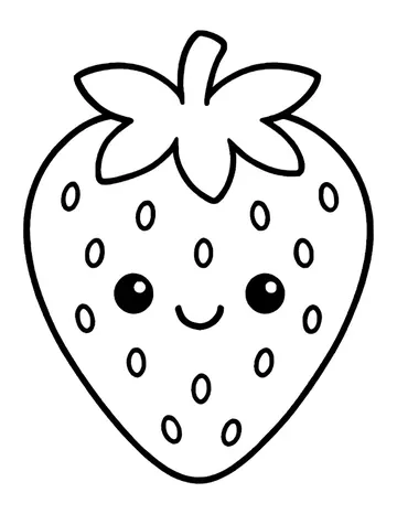 A tall kawaii strawberry with a smiling face, seeds and a big leafy crown.
