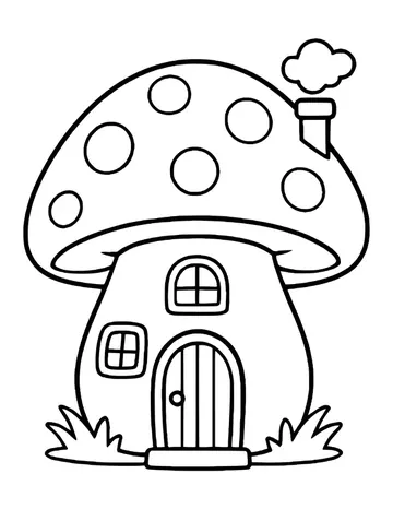 A spotted mushroom house with two windows, an arched door, a doorstep and a puff of chimney smoke.