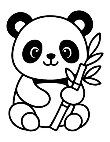 A kawaii panda sitting and holding an upright bamboo stalk with leaves.