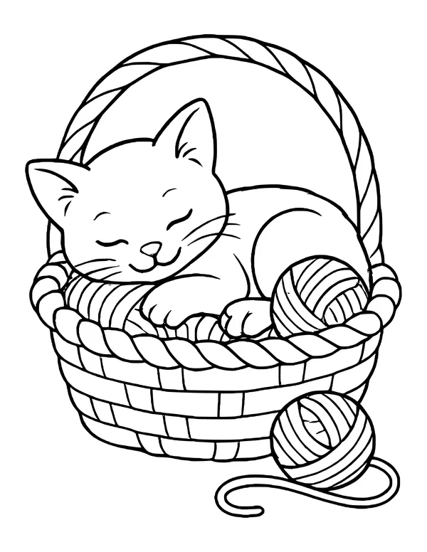 A kitten curled up asleep on a woven basket with a rope rim and two yarn balls.