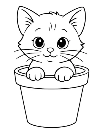 A fluffy kitten with big eyes peeking over the rim of a plain flower pot.