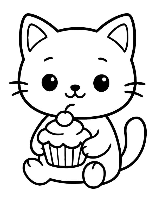 A sitting kawaii kitten holding a cupcake with a cherry on top, its tail curled behind.
