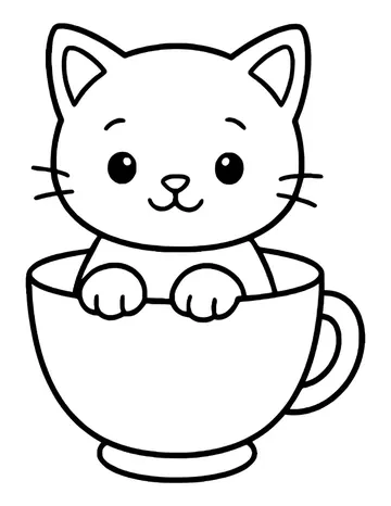 A kitten resting its paws on the rim of a teacup, smiling at the viewer.