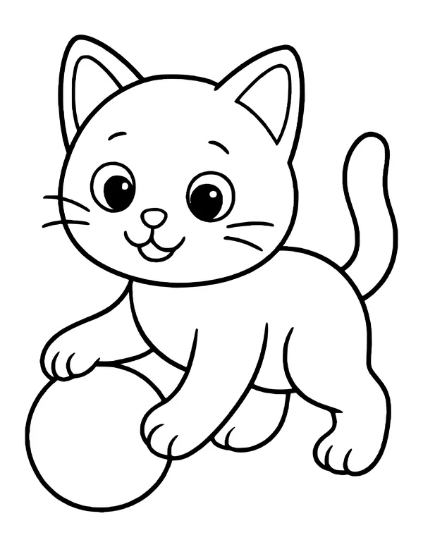 A wide-eyed kitten stepping forward with one paw on top of a plain round ball.