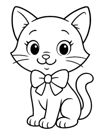A cute kitten sitting with big eyelashed eyes, a wide smile and a bow at its neck.