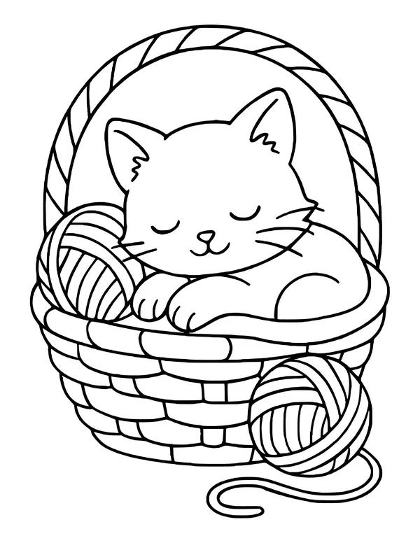 A kitten asleep in a woven basket with a yarn ball inside and another beside it.