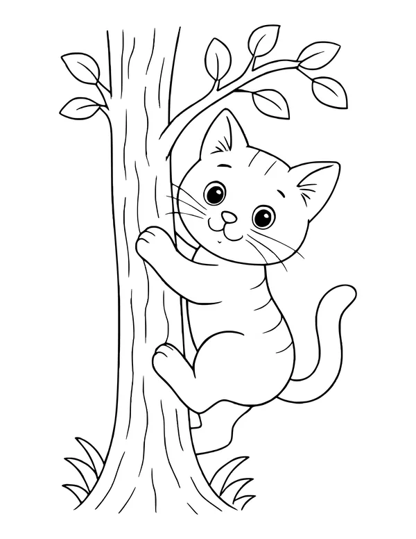 A striped kitten clinging to a tree trunk with leafy branches and grass at the base.