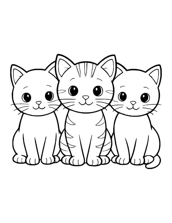 Three kittens sitting close together, the middle one a striped tabby with big eyes.