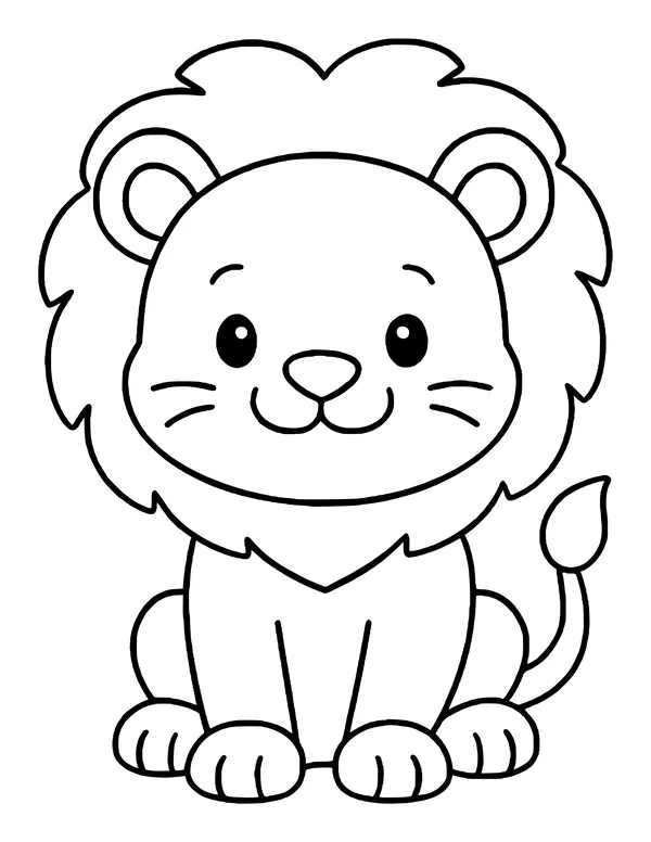 Cute sitting lion with a fluffy mane, whiskers, a gentle smile and a tufted tail