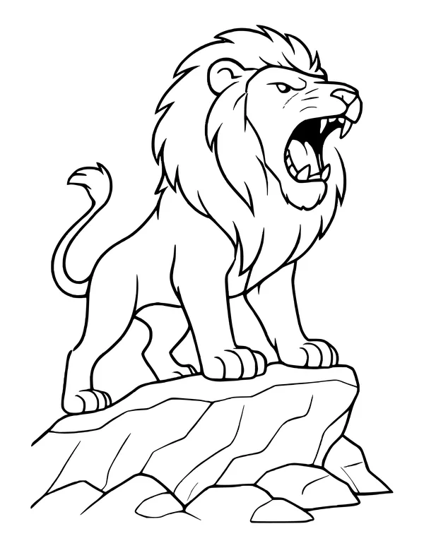 Lion with a flowing mane standing on a rocky outcrop, roaring forward and showing its teeth