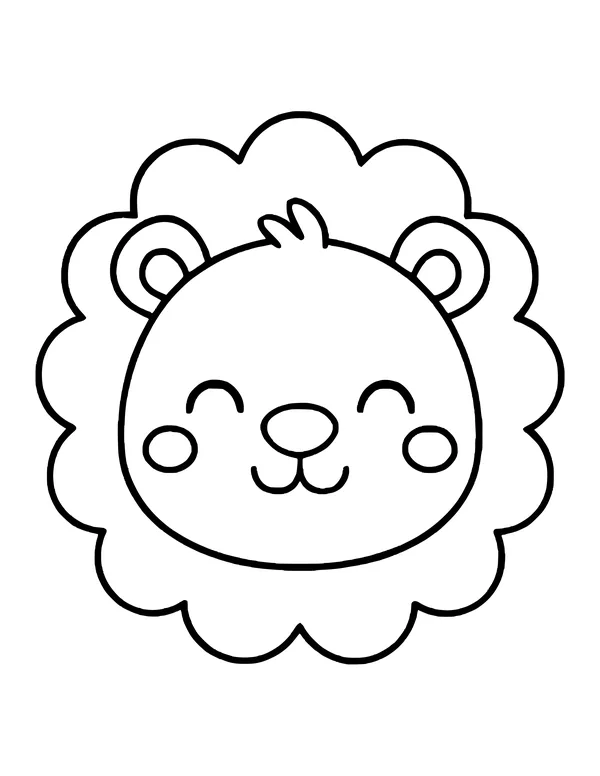 Kawaii lion face with closed happy eyes, rosy cheeks, a hair tuft and a scalloped mane