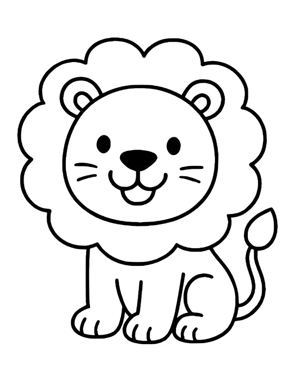Easy lion with a round scalloped mane, open laughing mouth and dark nose, sitting with tail up