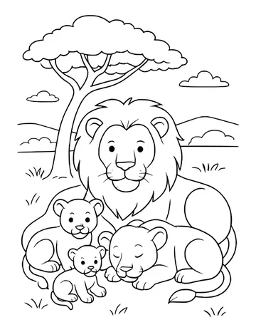 Male lion with three cubs and a sleeping lioness resting under an acacia tree on the savanna
