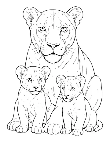 Realistic lioness sitting behind two baby cubs who sit upright facing forward