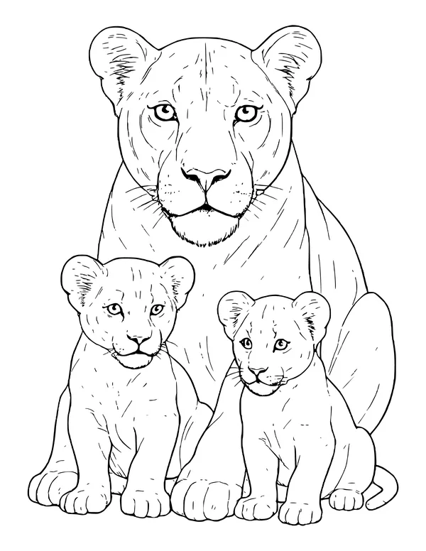 Realistic lioness sitting behind two baby cubs who sit upright facing forward