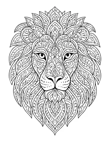 Lion head mandala with a crown of petals at the top and paisley patterns across the face and mane