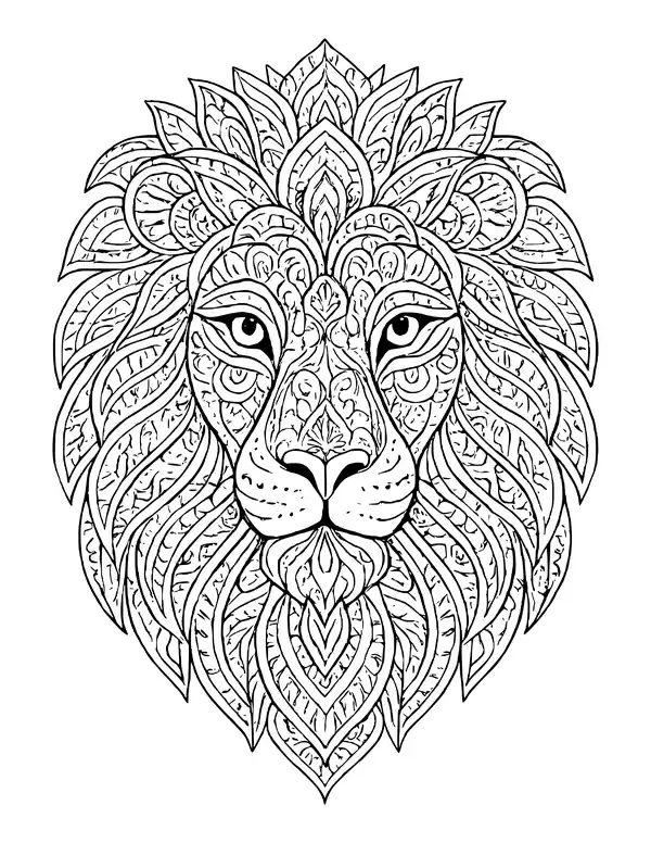 Lion head mandala with a crown of petals at the top and paisley patterns across the face and mane